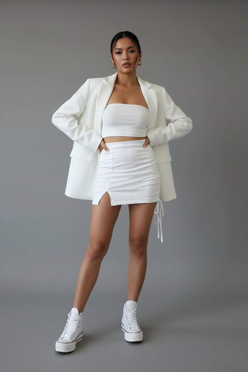 Femme portant l'ensemble Essence avec chemise bleue à rayures, crop top bandeau et jupe froncée